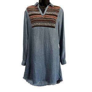 Joh Boho Tunic Dress S Blue Denim Style Fringe Hem Aztec Fabric Yoke